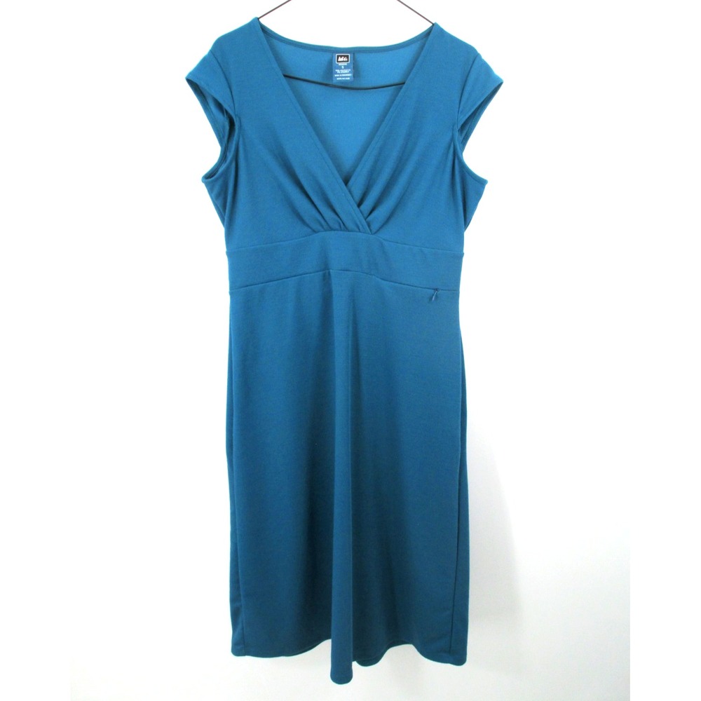 REI Midi Shift Dress Women S Blue Short Sleeve V-Neck Stretch Zip Pocket Casual
